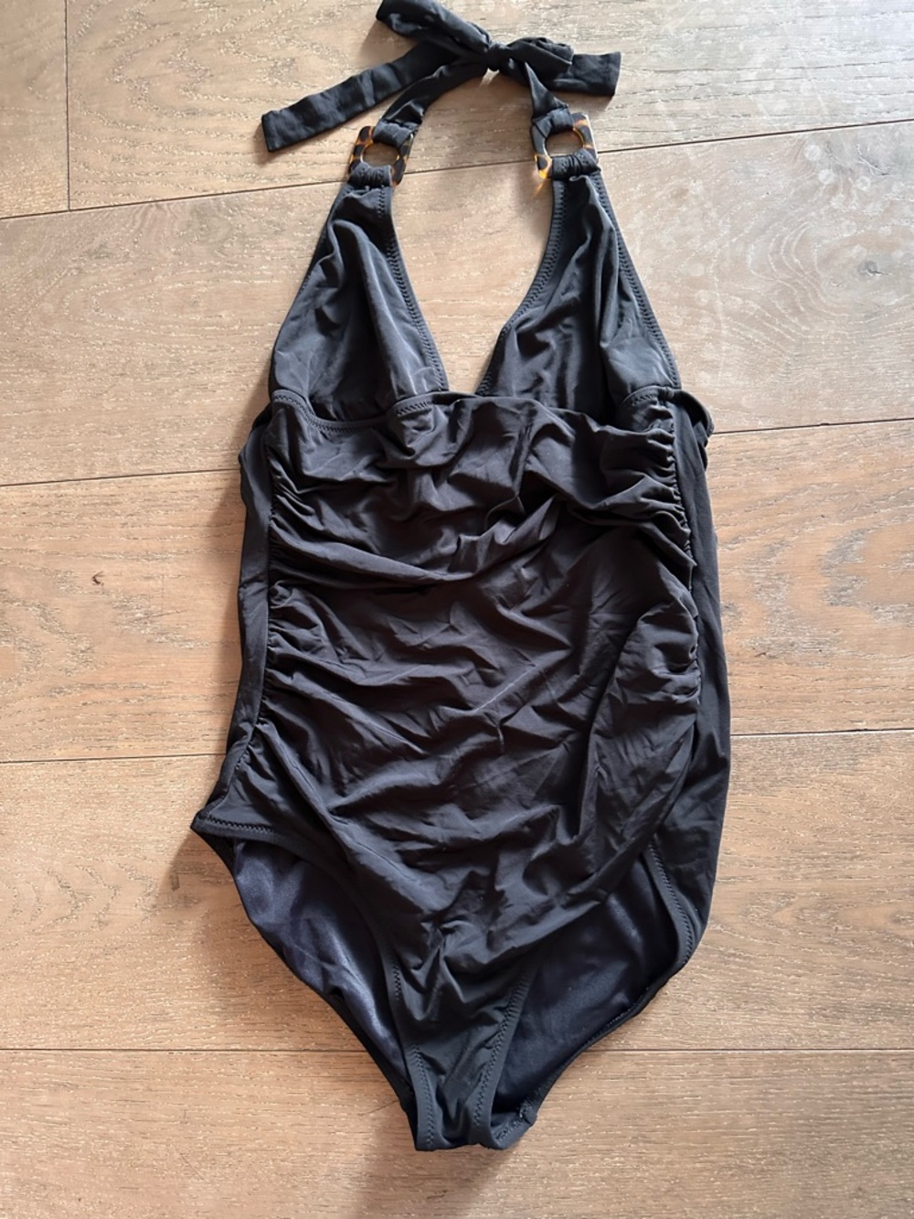 J.Crew Black Halter One Piece Ruched Swimsuit Tortoise Ring Detail